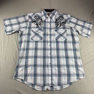 Ely Cattleman Western Pearl Snap Shirt Men L Blue Plaid Yoke Short Sleeve Rodeo